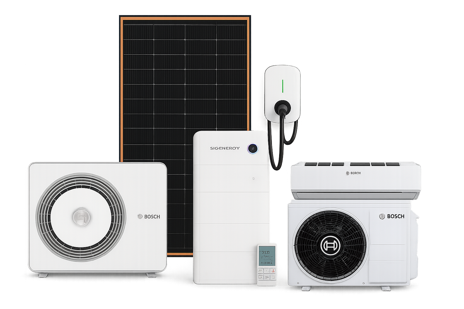 Wärmepumpe, Solarpanel, Stromspeicher, Wallbox, Klimageräte
